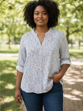 Democracy Button Down Heart Animal Print Top